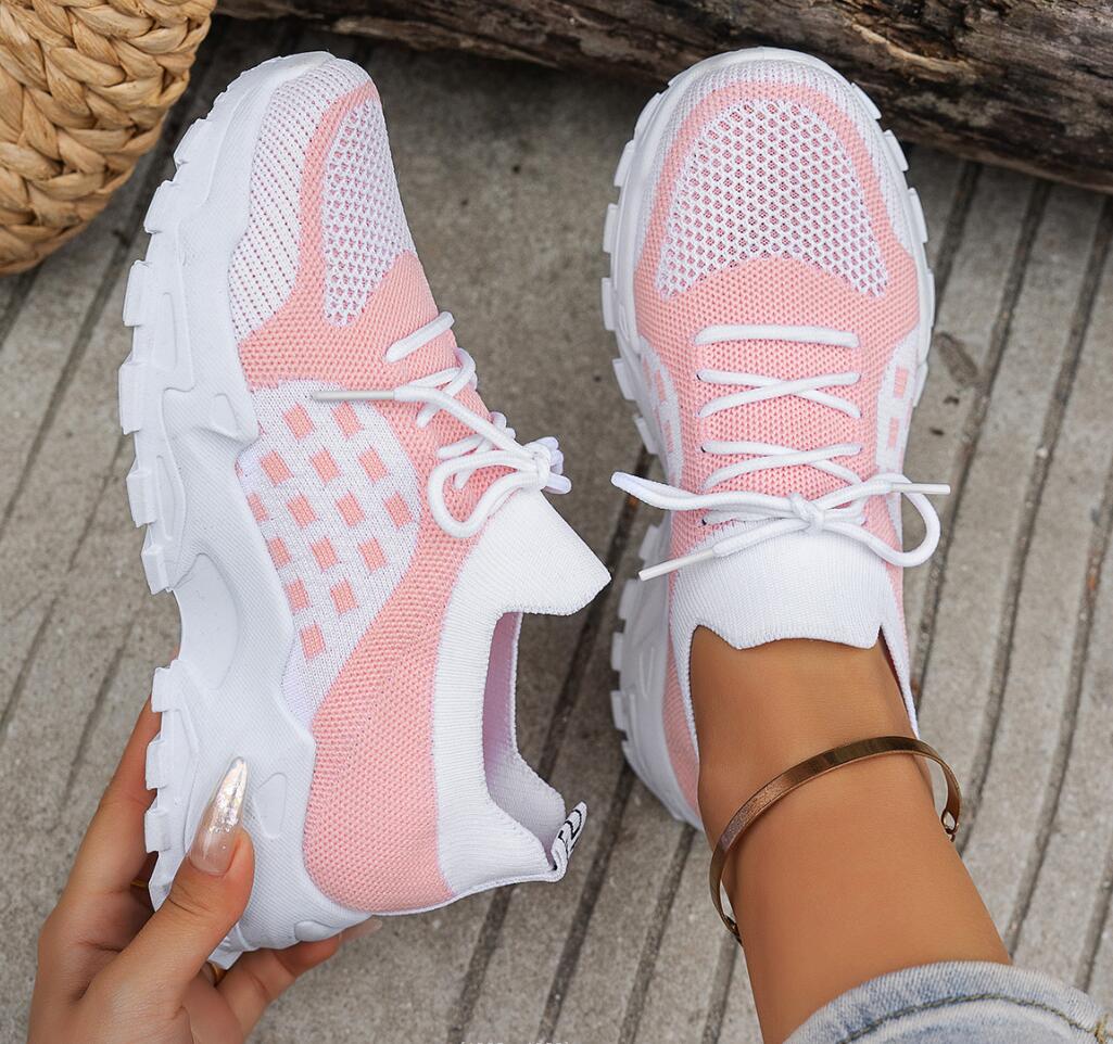 レディース通気性ニットメッシュスポーツシューズサマーカジュア - Knit Fabric Lace Up Sneakers のレビューと価格