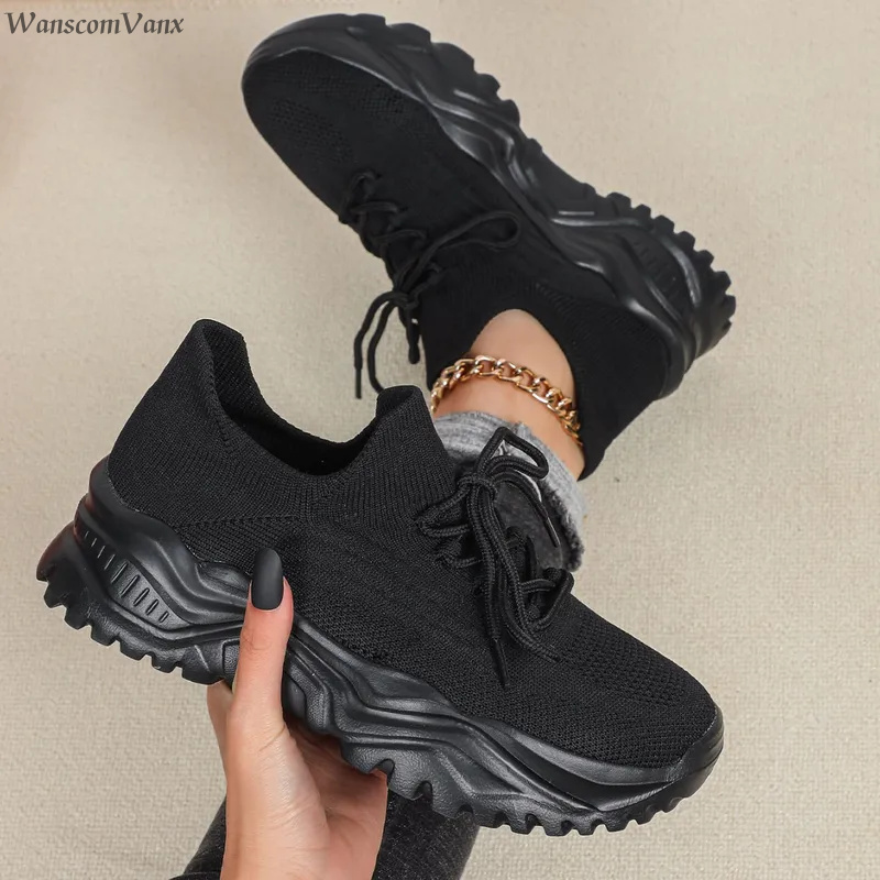 ファッションチャンキープラットフォームスニーカー、男女兼用、 - Knit Fabric Lace Up Sneakers のレビューと価格